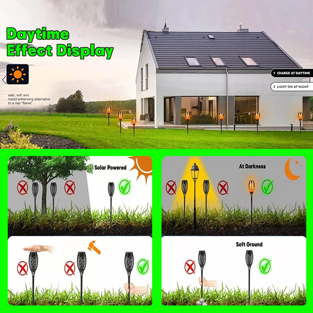 Installation guide showing the torches need direct sun, darkness to switch on, and soft ground