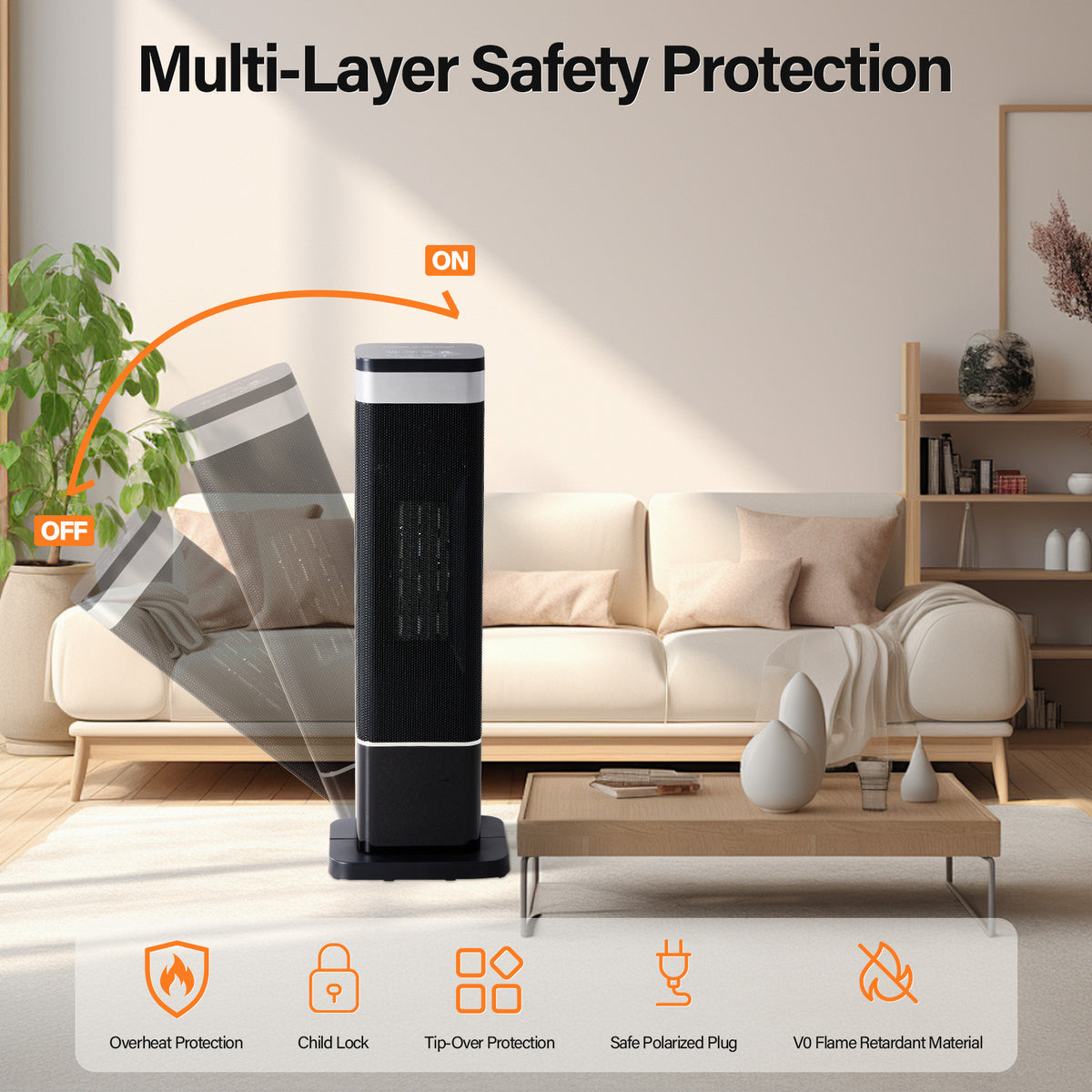 Tower heater safety features in a living room