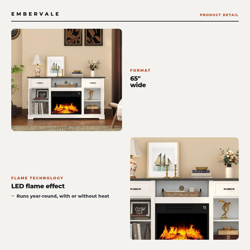 65 Inch Electric Fireplace TV Stand, Solid Wood, Modern Media Console Entertainment — key features