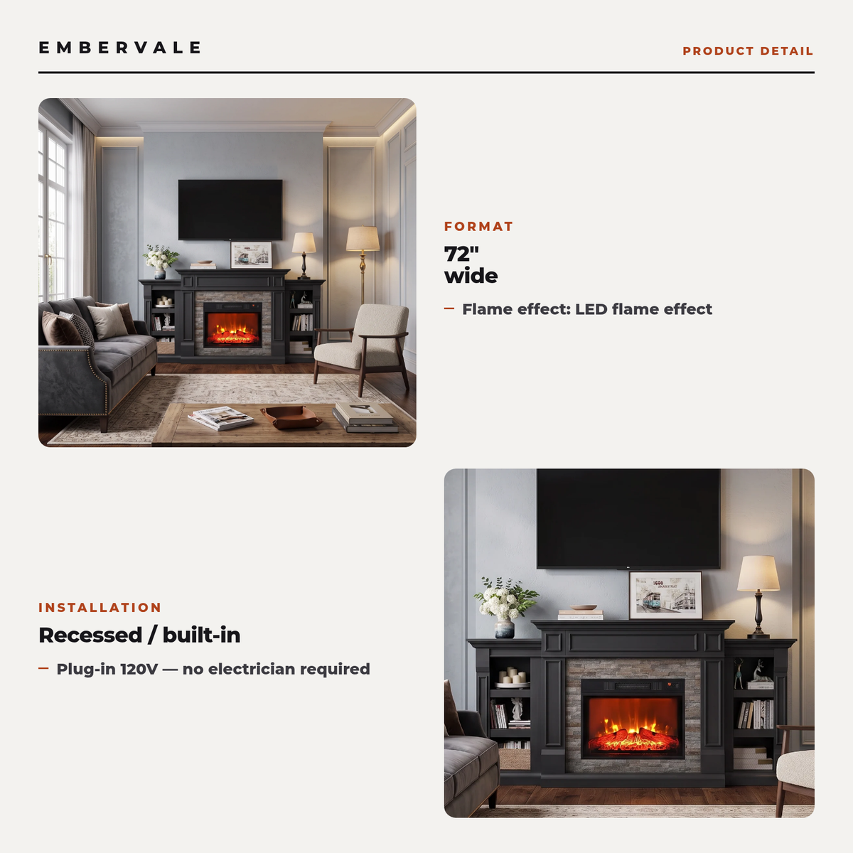 72 Inch Electric Fireplace TV Stand with Mantel & 23 Inch Realistic Flame Insert — key features