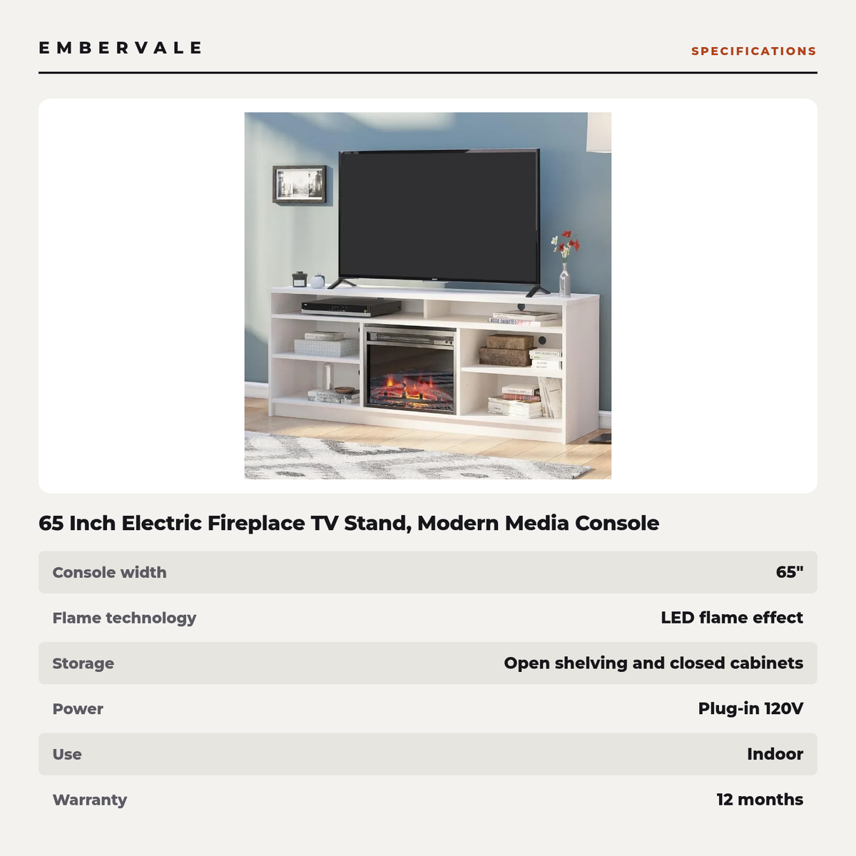 65 Inch Electric Fireplace TV Stand, Modern Media Console Entertainment Center, Storage — specifications
