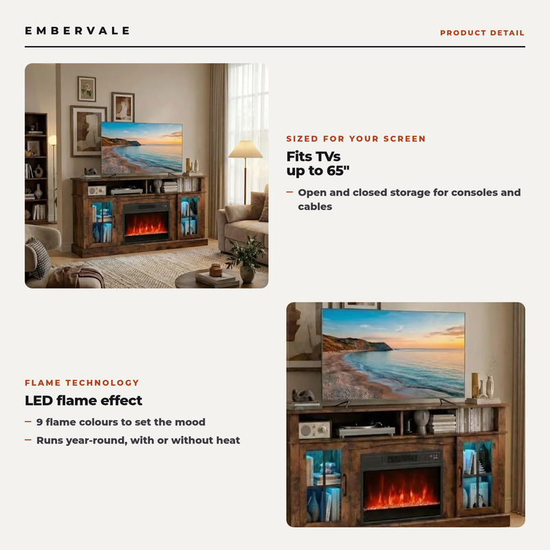 Electric Fireplace TV Stand for TVs Up To 65 Inches with LED Lights, Remote Controls — key features