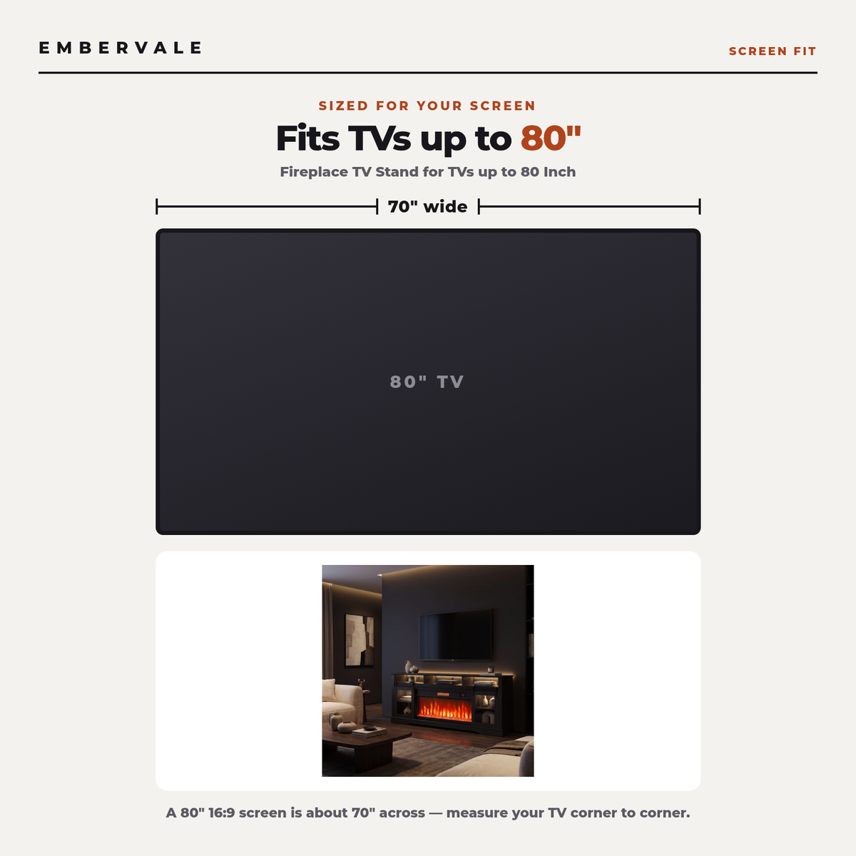 Fireplace TV Stand for TVs up to 80 Inch, Modern Entertainment Center with 36 Inch Glass — TV size fit diagram