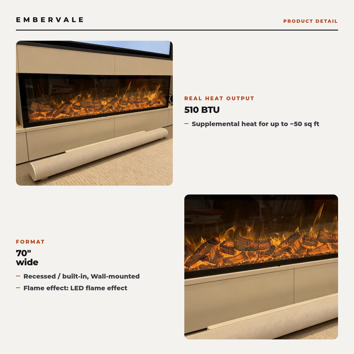 Smart 39-70" Ultra-Thin Recessed Electric Fireplace – Wall-Mounted, 150W, Realistic Flame — key features