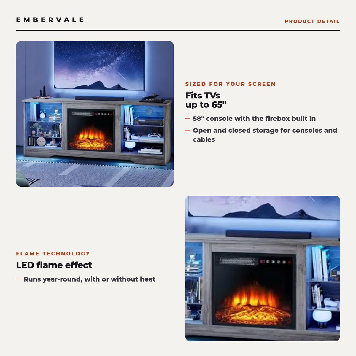 58 Inch Electric Fireplace TV Stand for TVs up to 65 Inch, Modern Media Console — key features