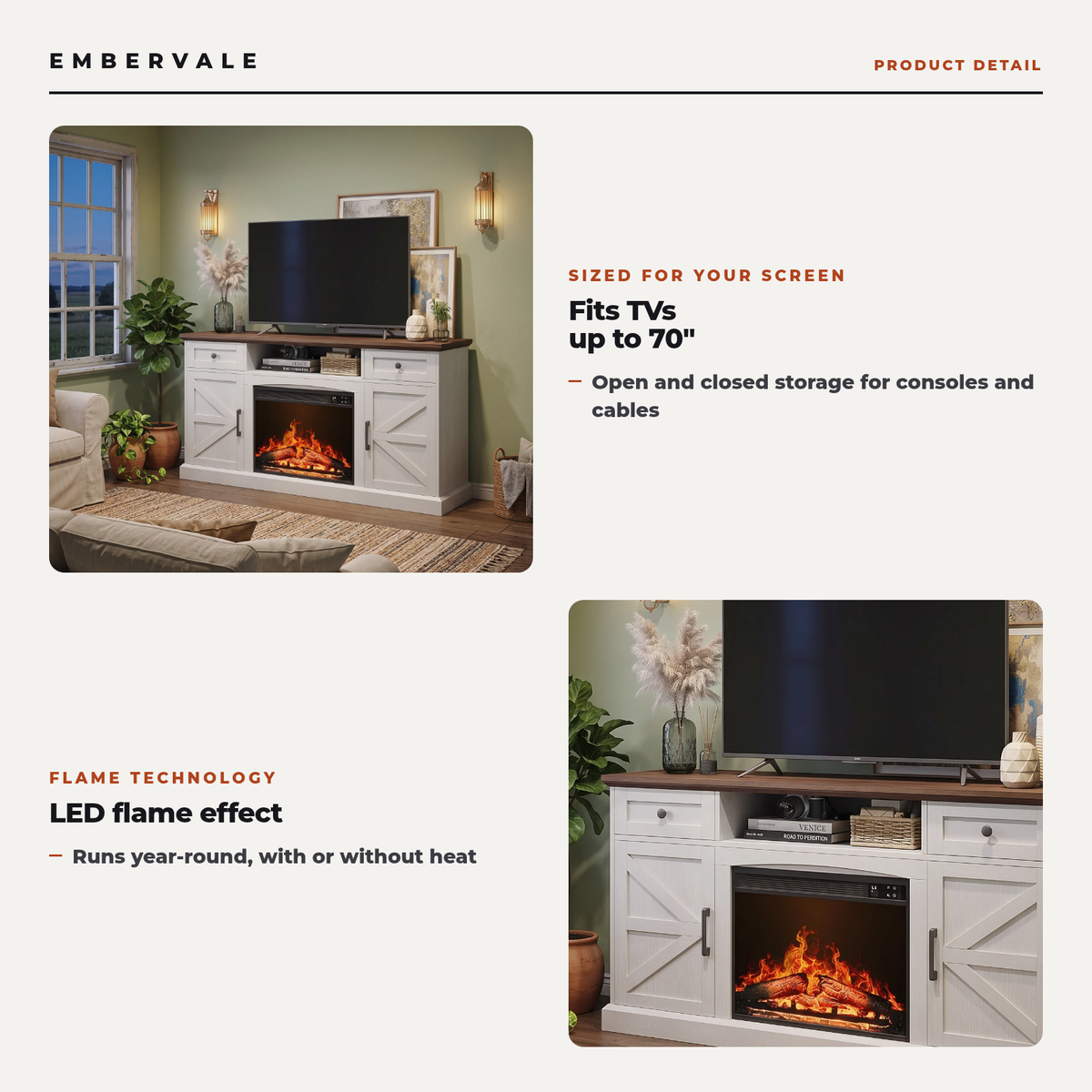 Farmhouse Fireplace TV Stand for TVs up to 70 Inch, Entertainment Center with 23 Inch — key features