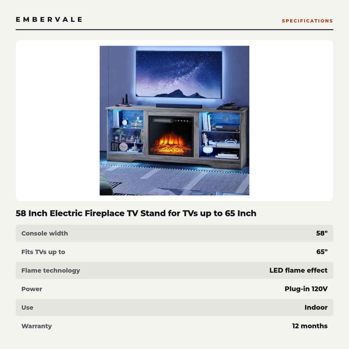 58 Inch Electric Fireplace TV Stand for TVs up to 65 Inch, Modern Media Console — specifications