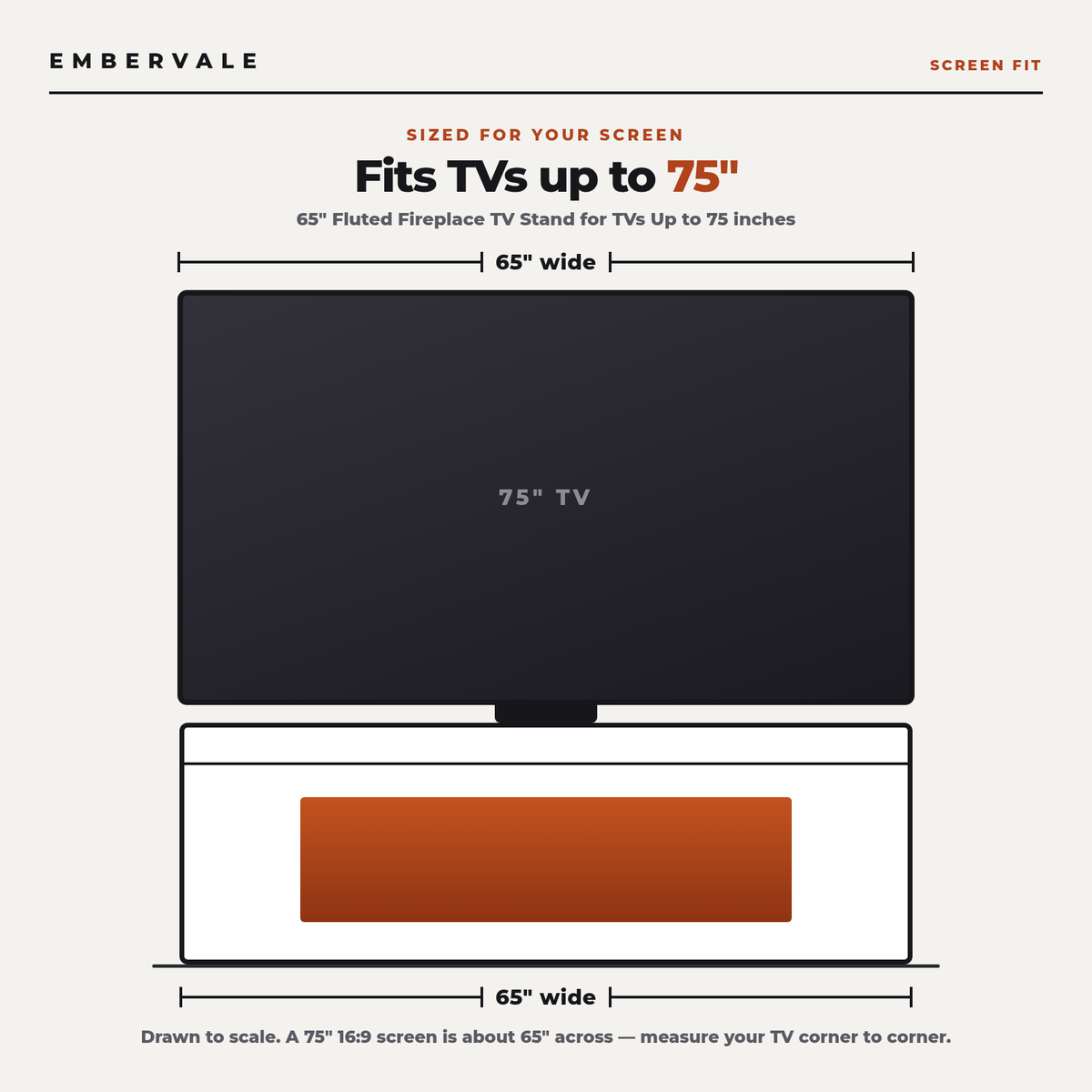 65" Fluted Fireplace TV Stand for TVs Up to 75 inches, Modern Entertainment Center — TV size fit diagram