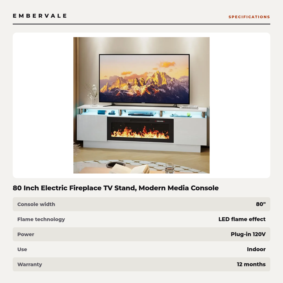 80 Inch Electric Fireplace TV Stand, Modern Media Console Entertainment Center — specifications
