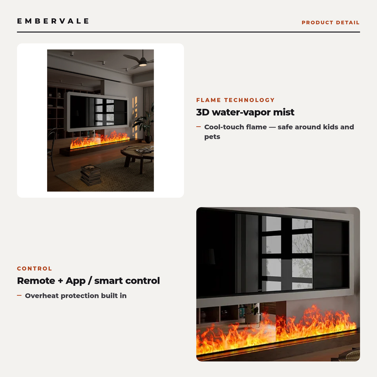 Embedded 3D Steam Electric Fireplace with Realistic Mist Flame Effect, App & Remote — key features