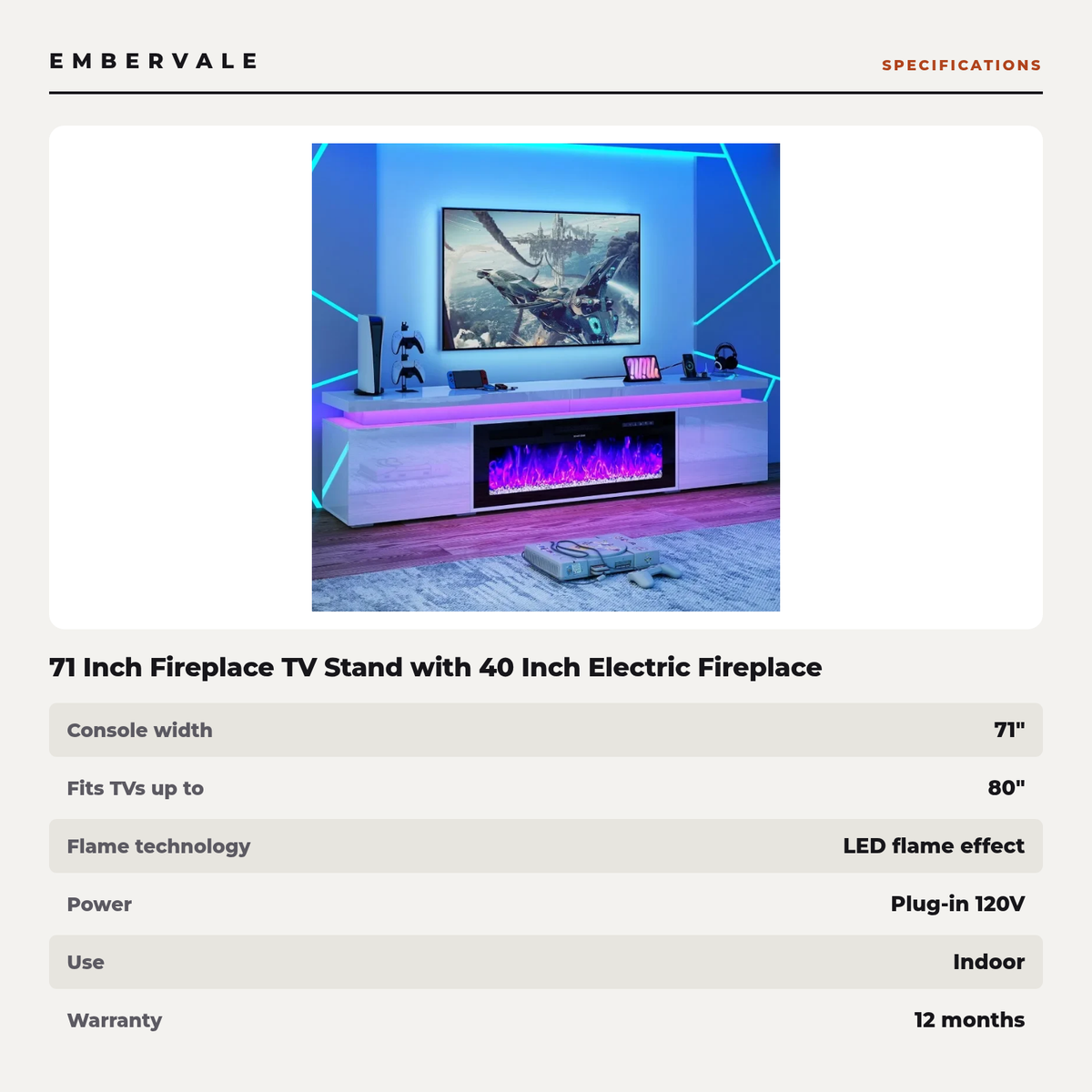71 Inch Fireplace TV Stand with 40 Inch Electric Fireplace & Power Outlet for 80 Inch — specifications