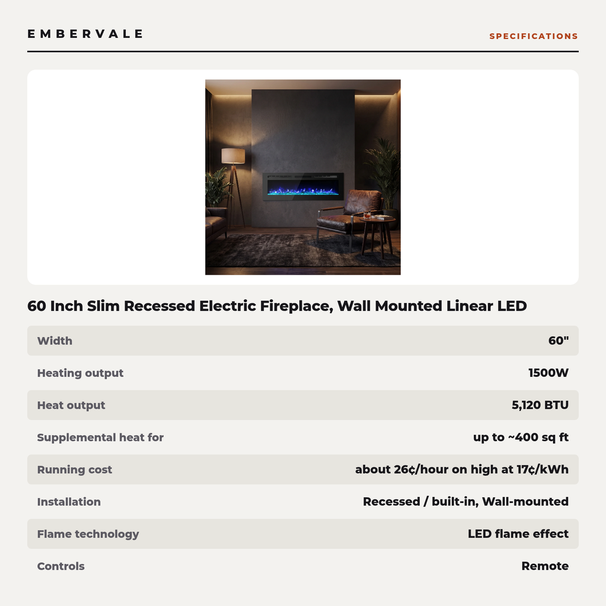 60 Inch Slim Recessed Electric Fireplace, Wall Mounted Linear LED Fireplace with Digital — specifications