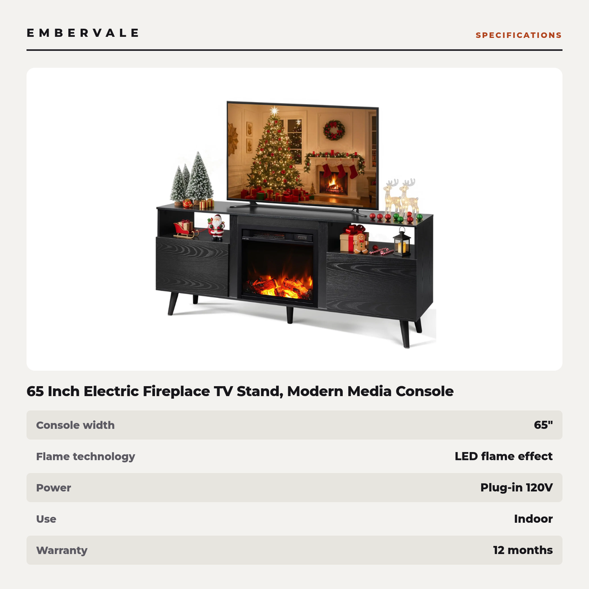 65 Inch Electric Fireplace TV Stand, Modern Media Console Entertainment Center for Living — specifications