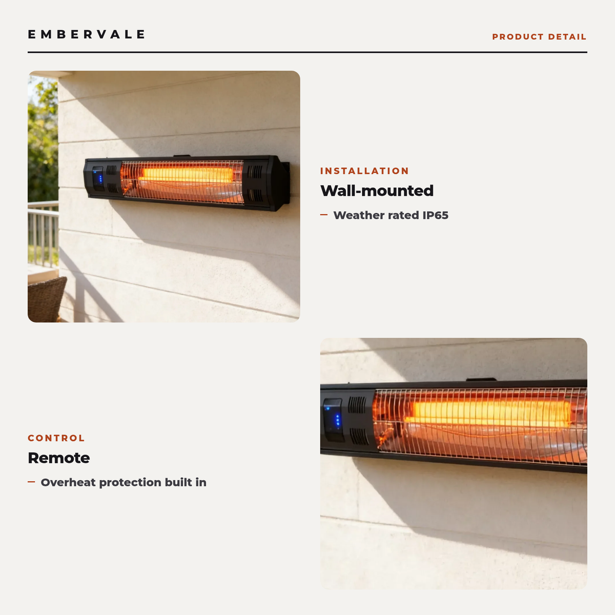 Wall Mounted Quartz Infrared Patio Heater with Remote Control, IP65 Outdoor Electric — key features