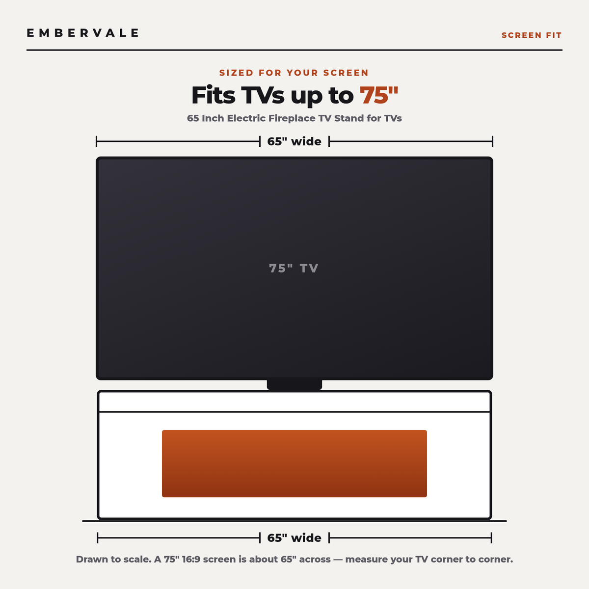 65 Inch Electric Fireplace TV Stand for TVs up to 75 Inch, 3-Sided Glass, Modern Media — TV size fit diagram