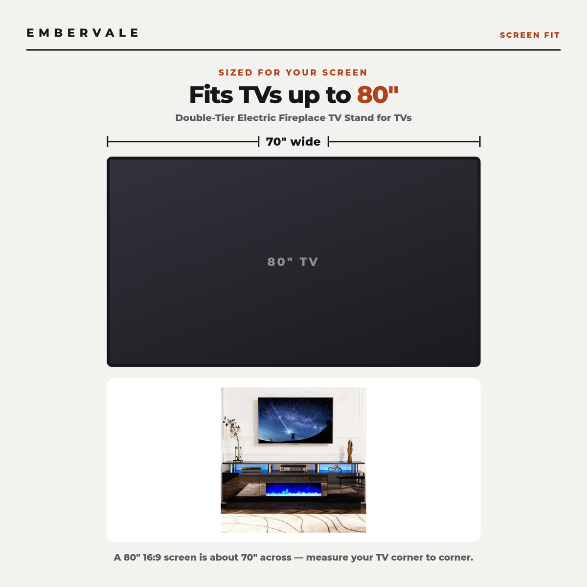 Double-Tier Electric Fireplace TV Stand for TVs up to 80 Inch with LED Lights, Black — TV size fit diagram