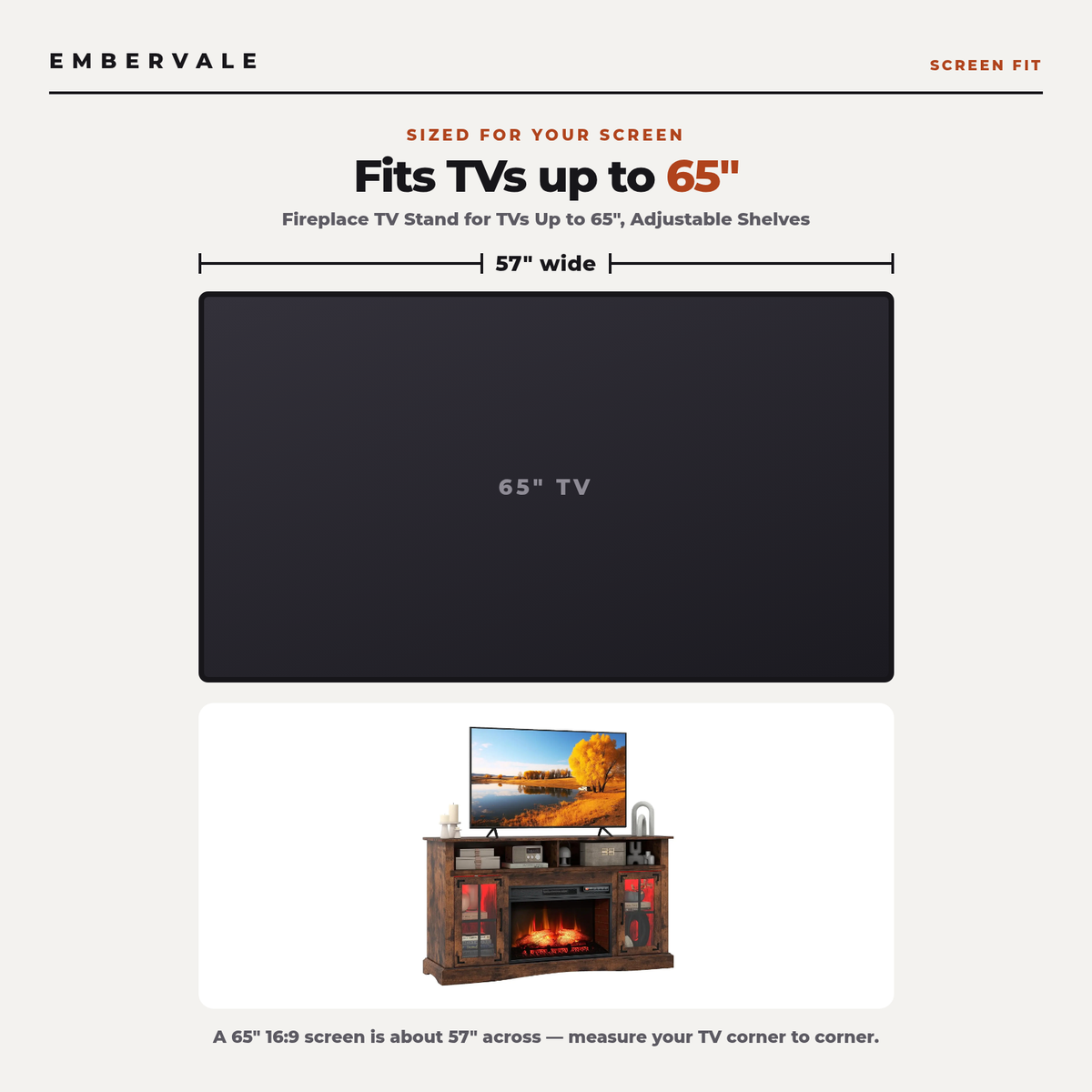 Fireplace TV Stand for TVs Up to 65", Adjustable Shelves LED Light Entertainment Center — TV size fit diagram