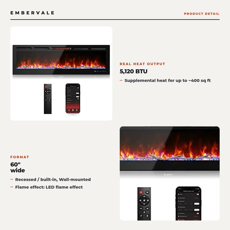 60 Inch Smart WiFi Electric Fireplace, Recessed & Wall-Mounted Linear Fireplace — key features