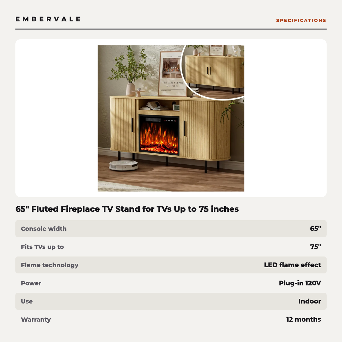 65" Fluted Fireplace TV Stand for TVs Up to 75 inches, Modern Entertainment Center — specifications