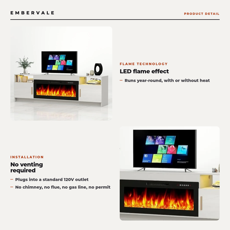 Electric Fireplace TV Stand, Modern Media Console Entertainment Center, Adjustable LED — key features