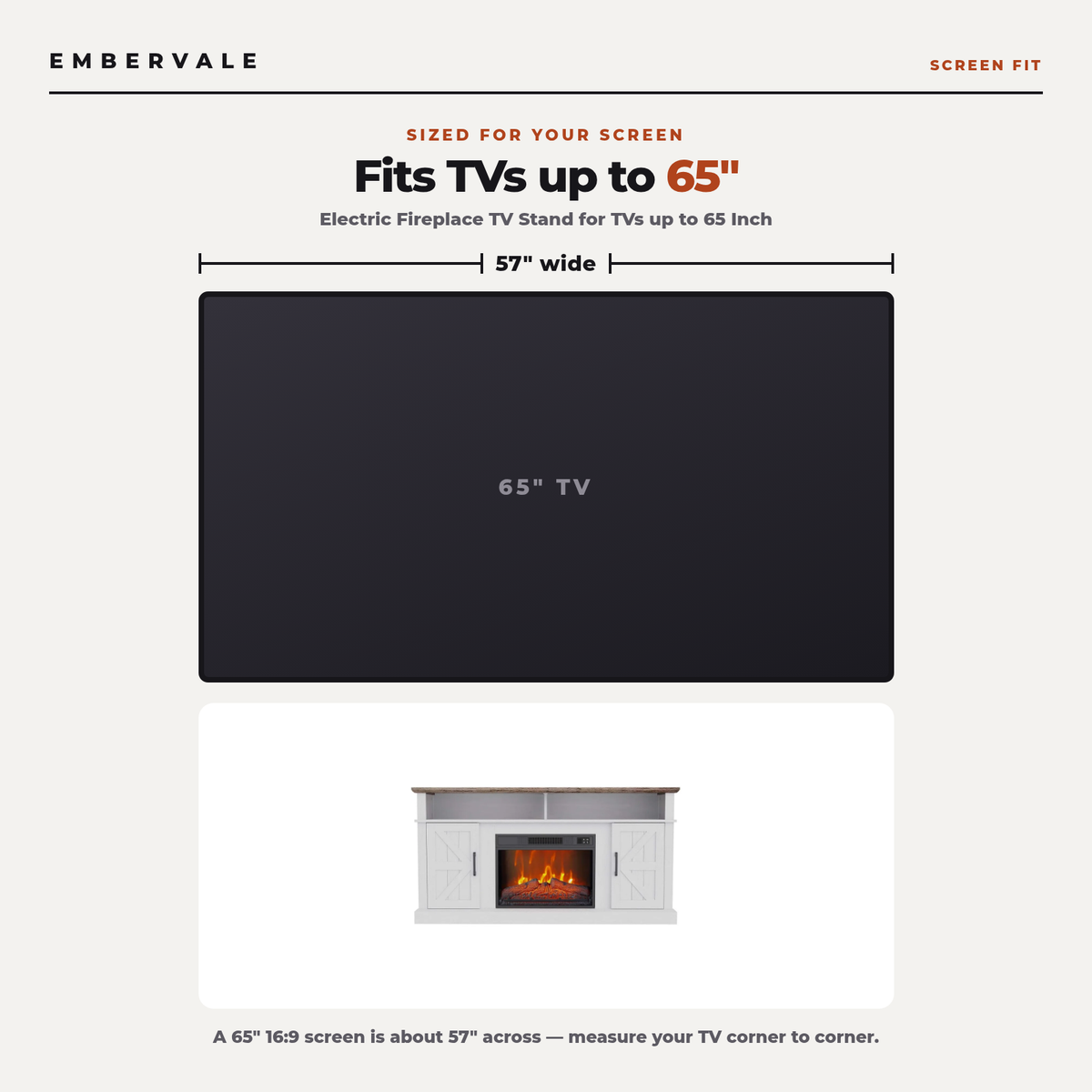 Electric Fireplace TV Stand for TVs up to 65 Inch, Modern Media Console Entertainment — TV size fit diagram