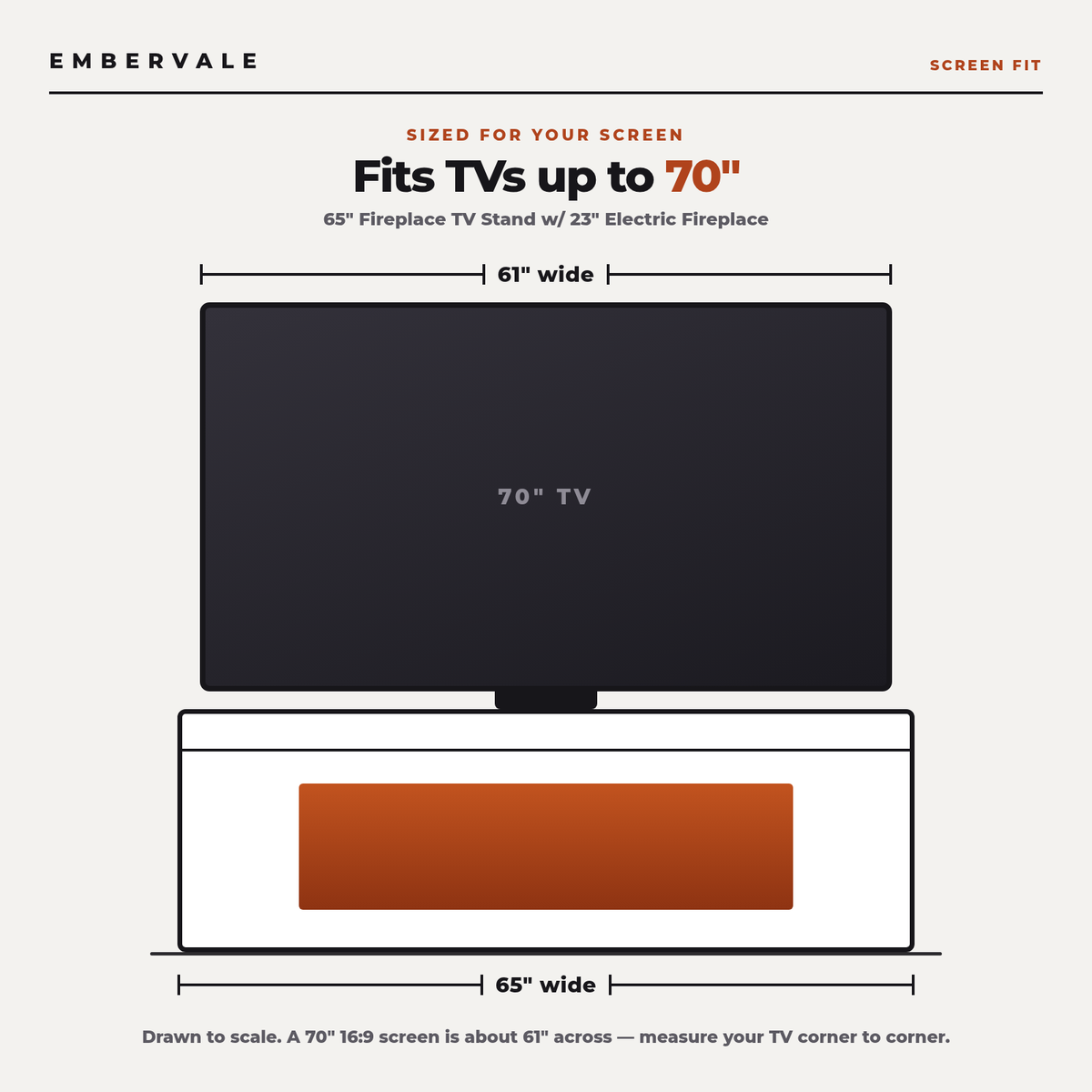 65" Fireplace TV Stand w/ 23" Electric Fireplace, Modern Media Entertainment Center — TV size fit diagram