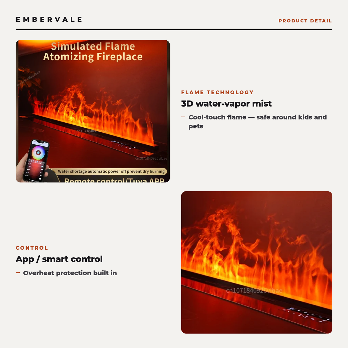 3D Water Vapor Fireplace with Humidifier Function, App-Controlled Steam Flame Electric — key features