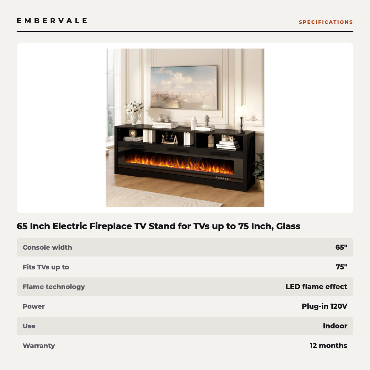 65 Inch Electric Fireplace TV Stand for TVs up to 75 Inch, Glass Front, Modern Media — specifications