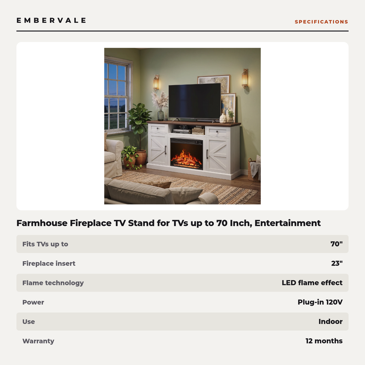 Farmhouse Fireplace TV Stand for TVs up to 70 Inch, Entertainment Center with 23 Inch — specifications