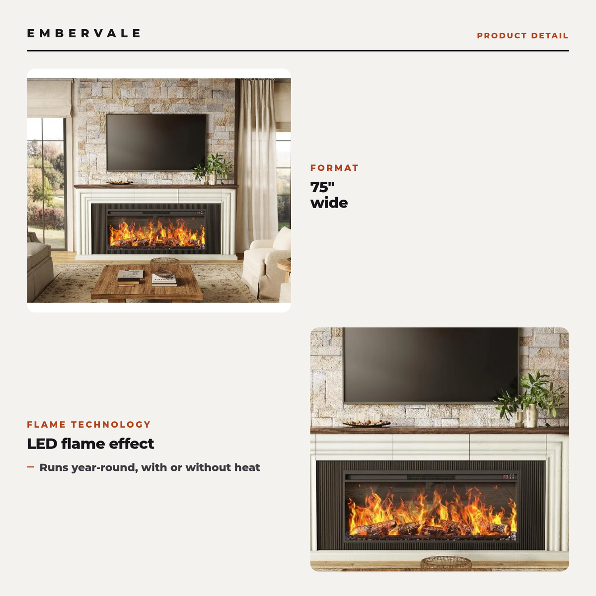 75 Inch Electric Fireplace TV Stand, Farmhouse Media Console Entertainment Center — key features
