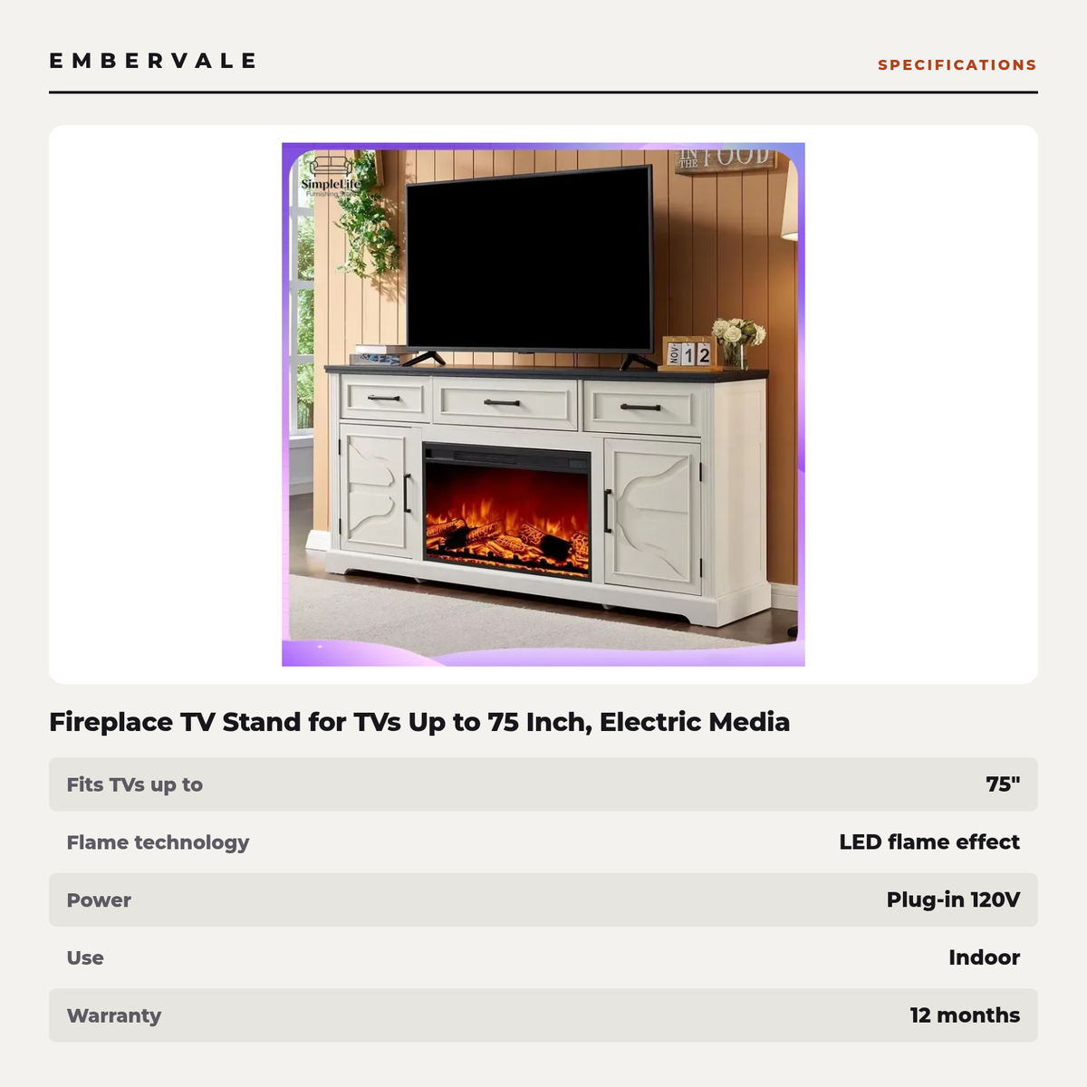 Fireplace TV Stand for TVs Up to 75 Inch, Electric Media Entertainment Center — specifications