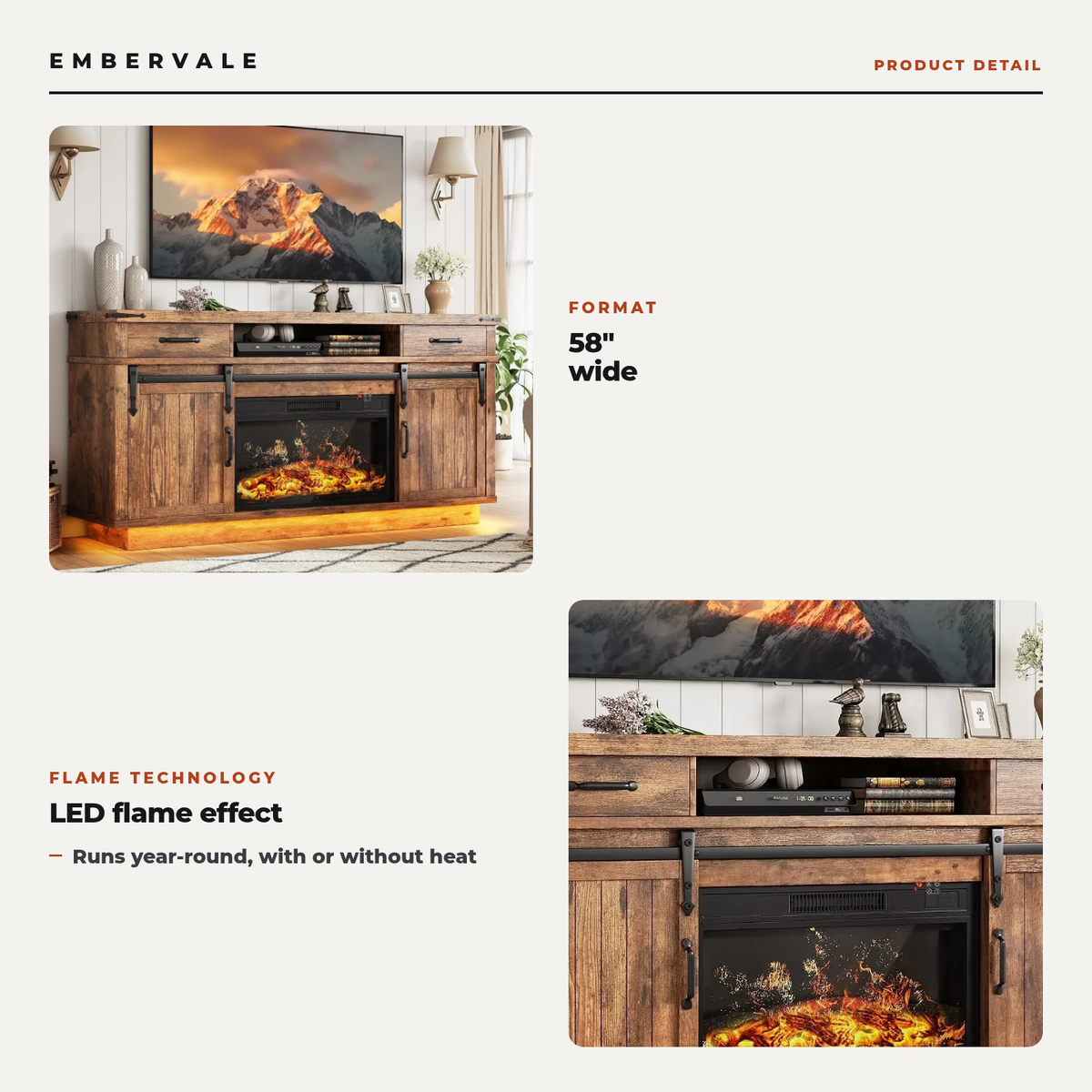 58 Inch Electric Fireplace TV Stand, Farmhouse Media Console Entertainment Center — key features