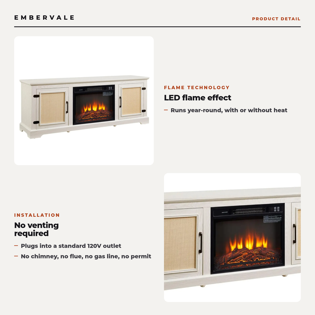 Electric Fireplace TV Stand with Rattan Cabinet Doors, Modern Media Console Entertainment — key features