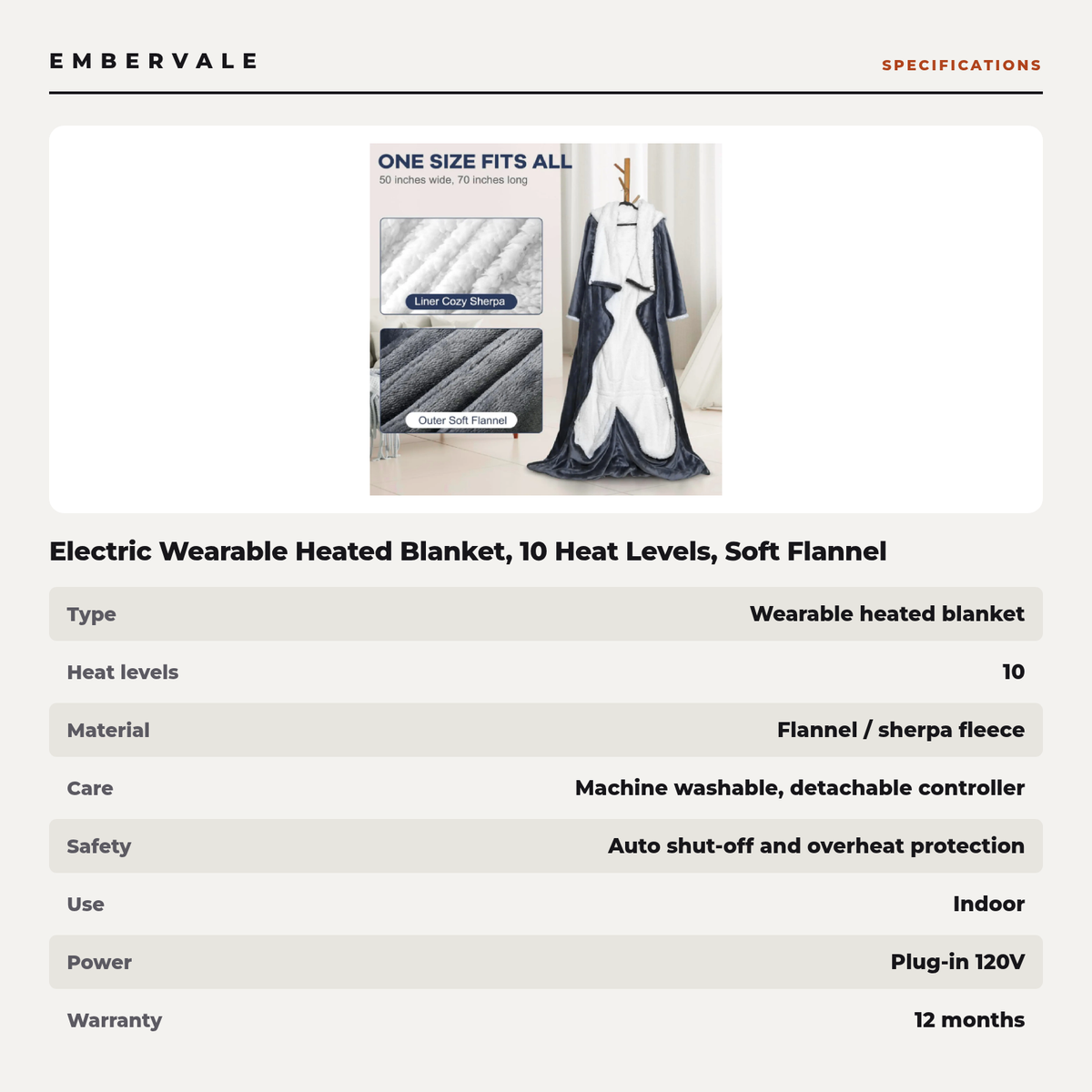Electric Wearable Heated Blanket, 10 Heat Levels, Soft Flannel Sherpa, Auto Shut-Off — specifications