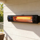 Wall-mounted quartz infrared patio heater running on a covered porch wall