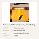 1500W Wall-Mounted Infrared Patio Heater, 3 heat settings — specifications
