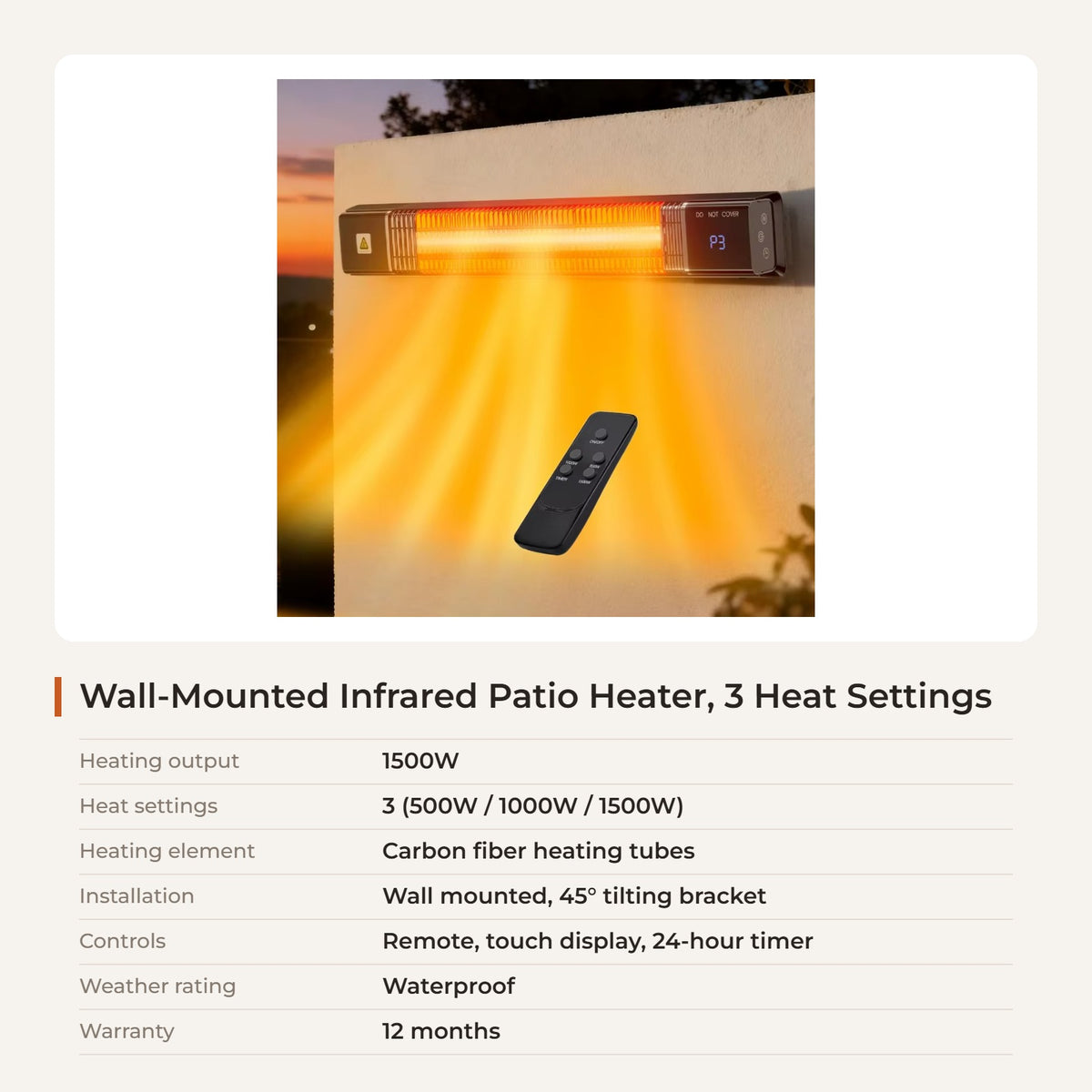 1500W Wall-Mounted Infrared Patio Heater, 3 heat settings — specifications