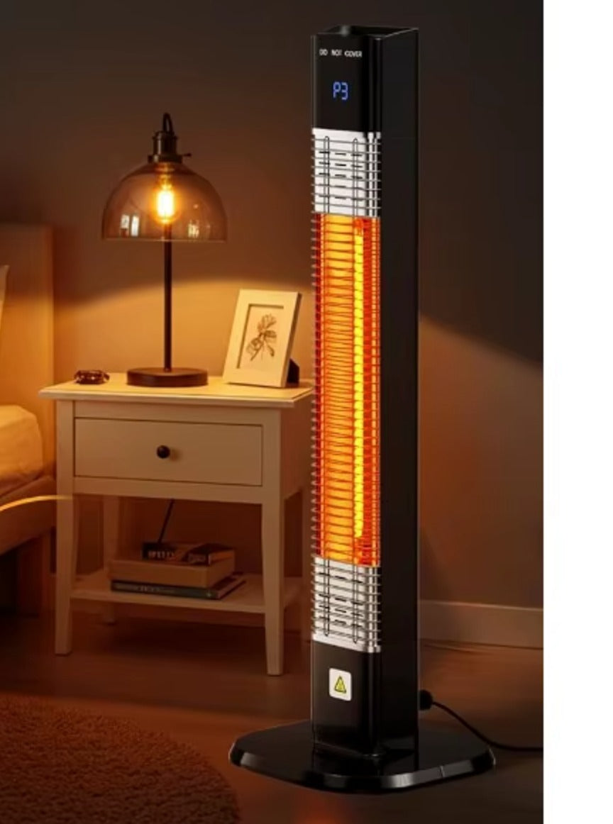 Infrared heater tower beside a nightstand and lamp