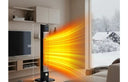 Freestanding infrared patio heater tower warming a living room