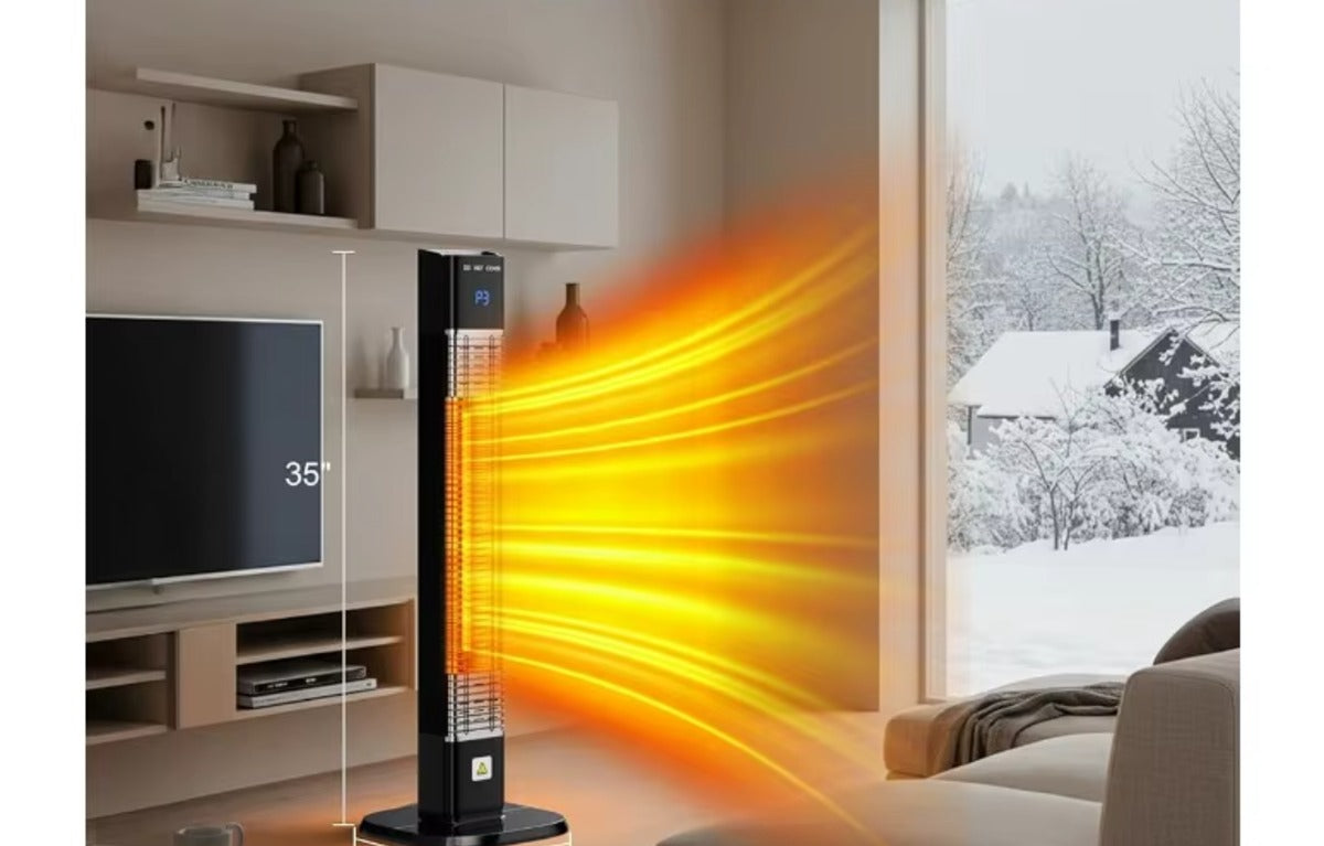 Freestanding infrared patio heater tower warming a living room