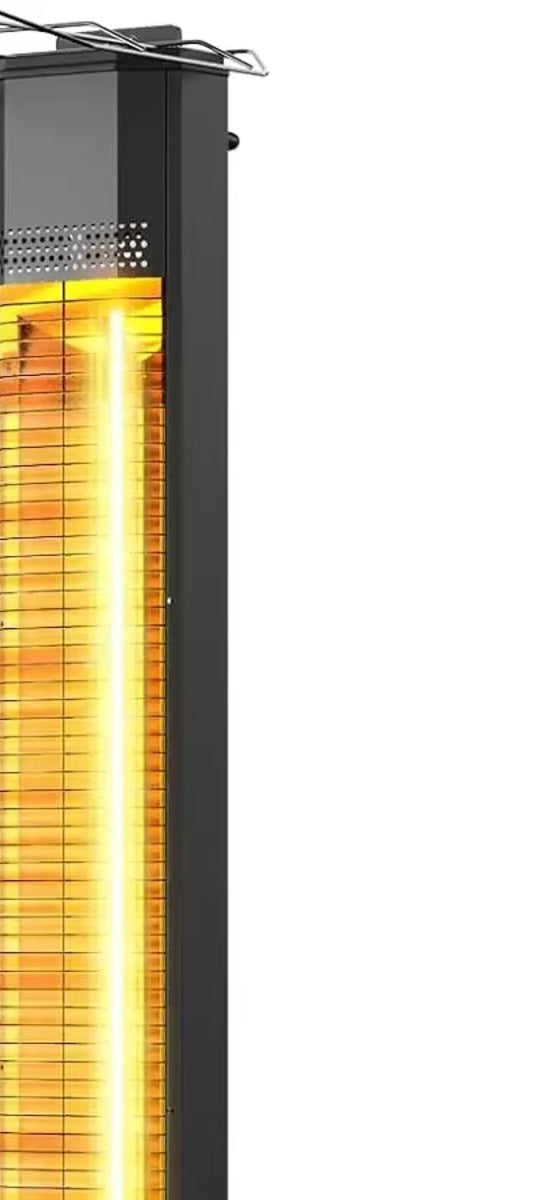 Close-up of the 42-inch tower's carry handle and glowing heating element