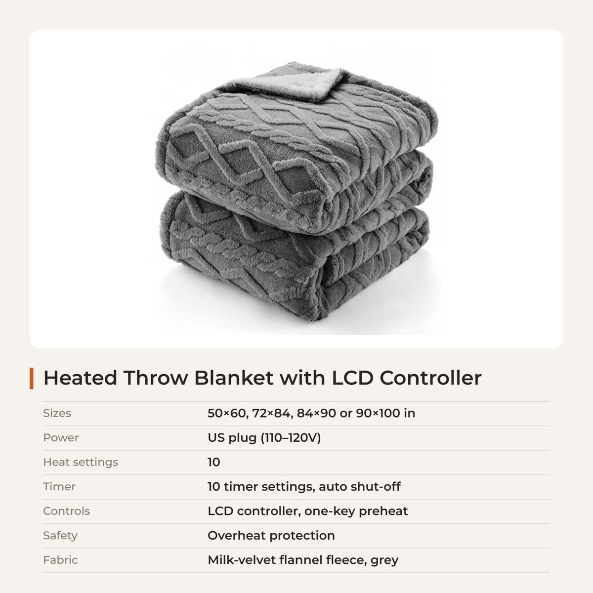 Heated Throw Blanket with LCD Controller — specifications