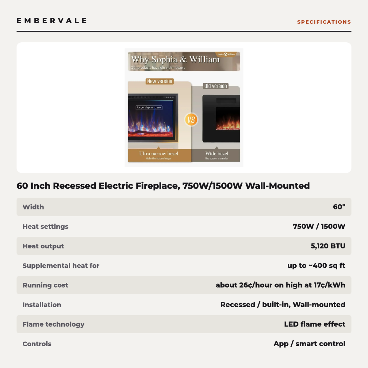 60 Inch Recessed Electric Fireplace, 750W/1500W Wall-Mounted Linear Fireplace with Smart — specifications