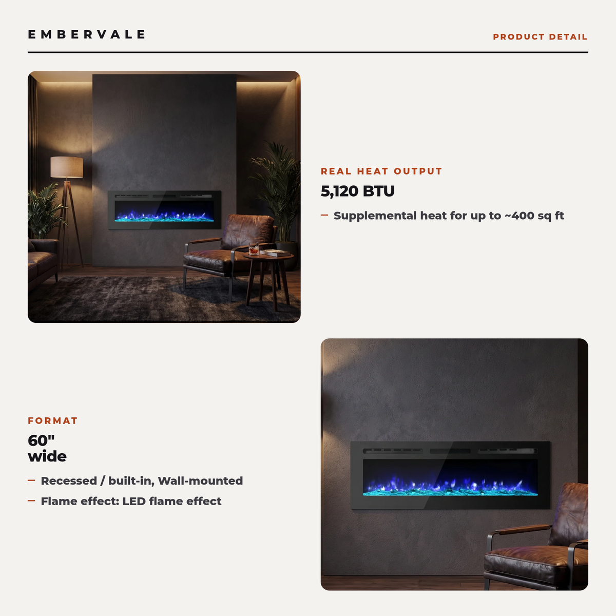 60 Inch Slim Recessed Electric Fireplace, Wall Mounted Linear LED Fireplace with Digital — key features