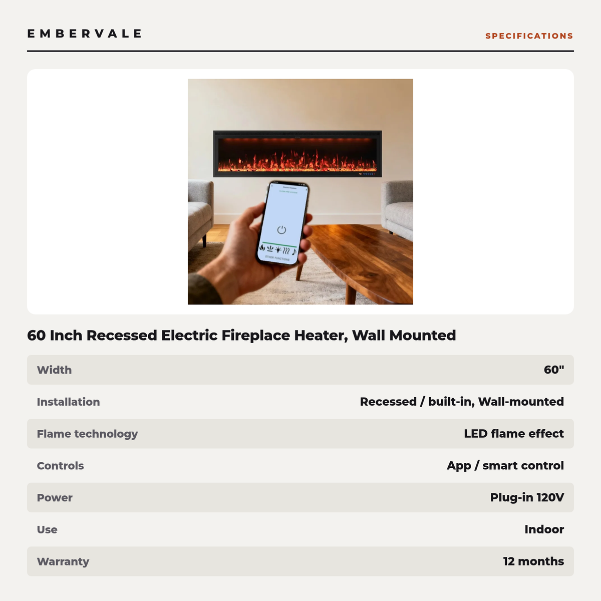 60 Inch Recessed Electric Fireplace Heater, Wall Mounted with WiFi App, Alexa & Google — specifications