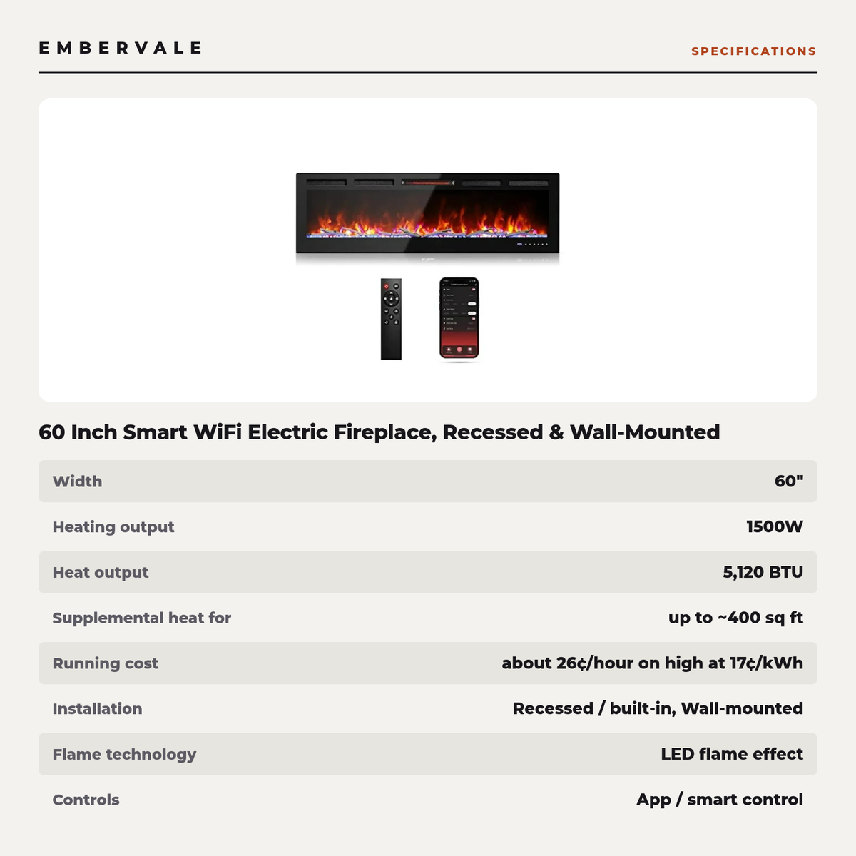 60 Inch Smart WiFi Electric Fireplace, Recessed & Wall-Mounted Linear Fireplace — specifications