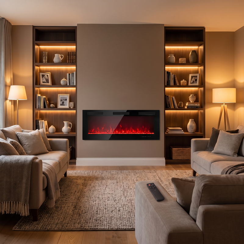 50 inch built-in electric fireplace centerpiece in family living room