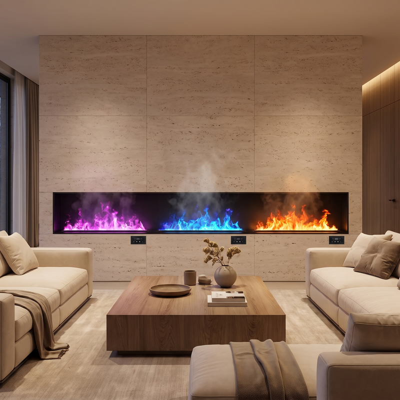 Recessed water vapor fireplace in a limestone wall of a serene living room