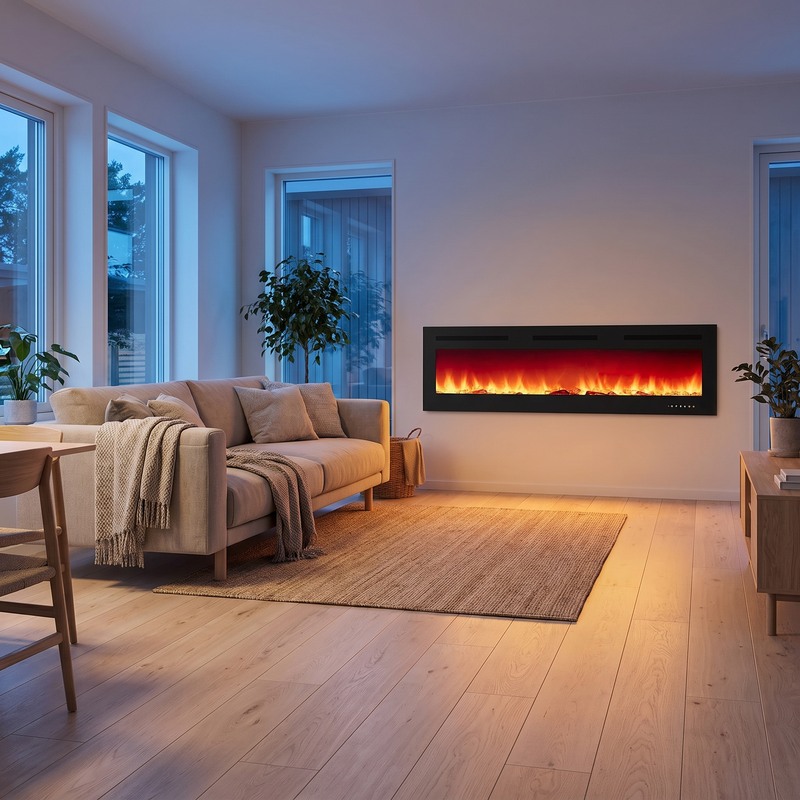 Linear electric fireplace glowing in a bright Scandinavian living room