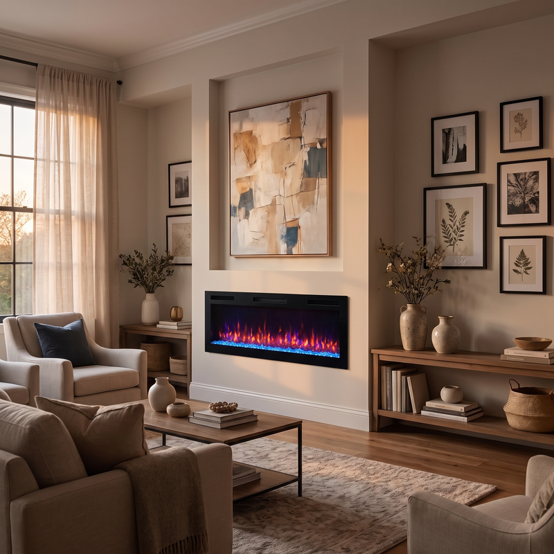Slim insert electric fireplace in a refined transitional living room